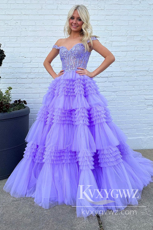 Lilac Off the Shoulder Ruffles Evening Gown Tiered Tulle Long Prom Dress with Appliques LF869