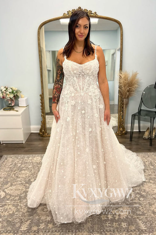 Dazzling A Line Sweetheart Tulle Lace Wedding Dresses Gown With Train HS869