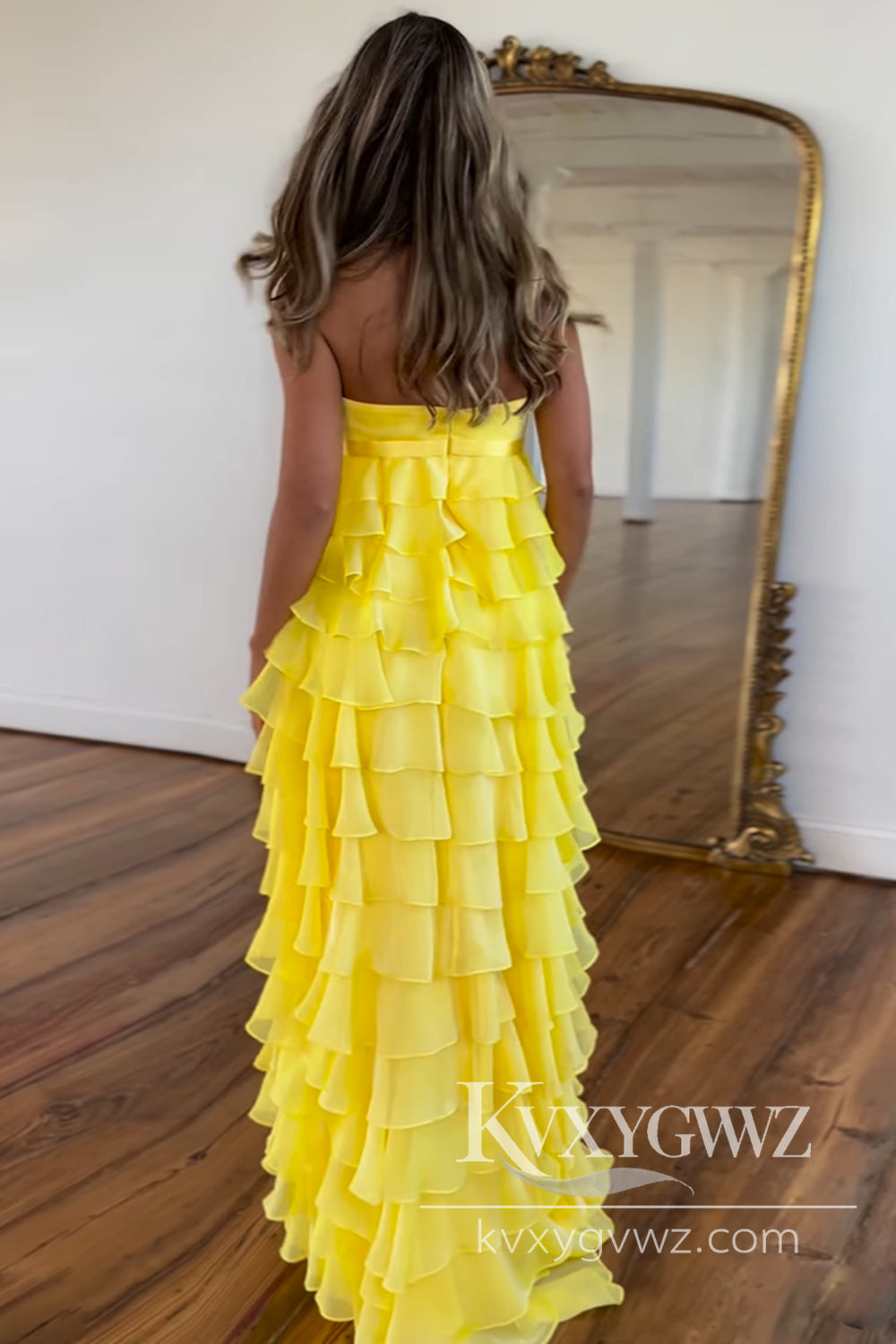 Stunning Sheath Strapless Evening Gown Yellow Tiered Chiffon Long Prom Dress LF871
