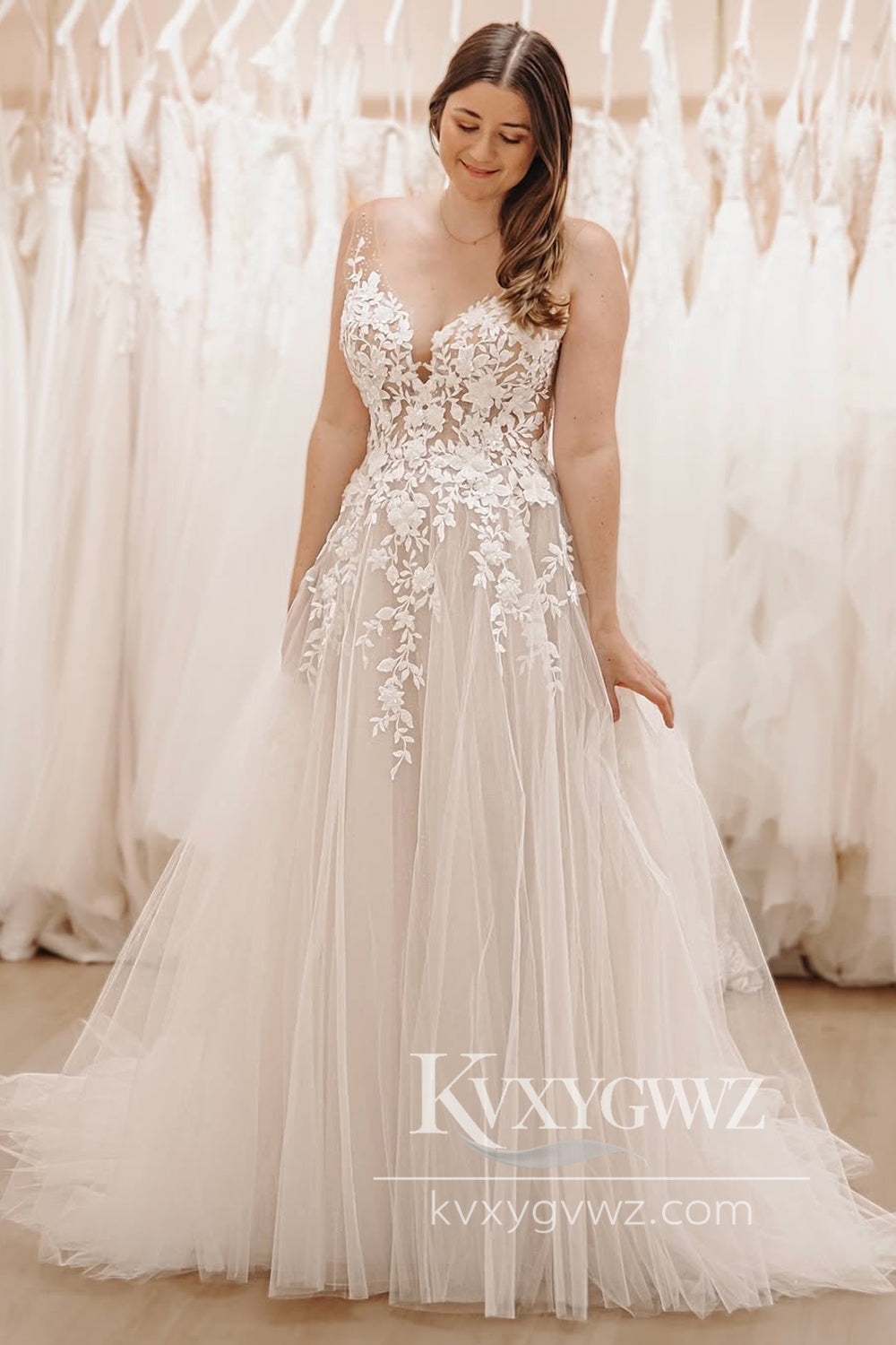 Pastoral Style A Line V Neck Tulle Long Wedding Dresses Gown with Appliques HS871