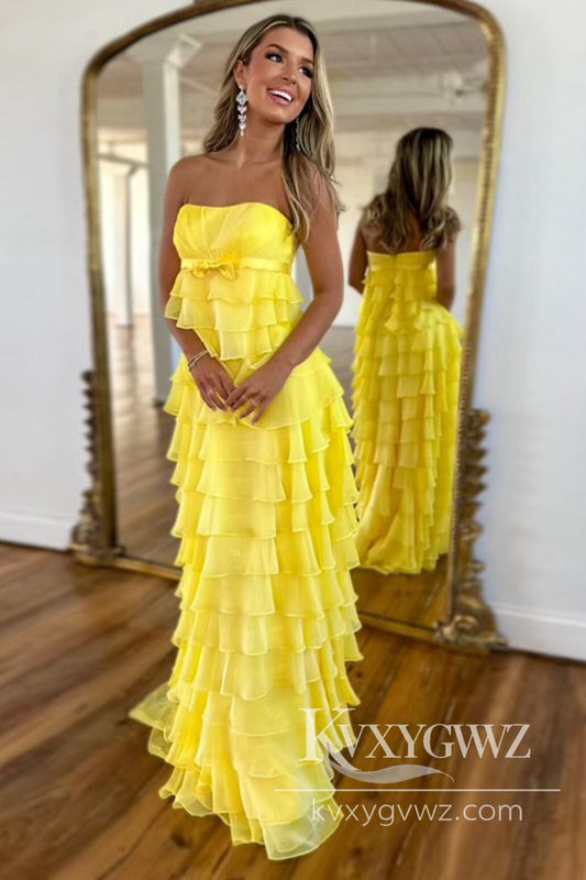Stunning Sheath Strapless Evening Gown Yellow Tiered Chiffon Long Prom Dress LF871