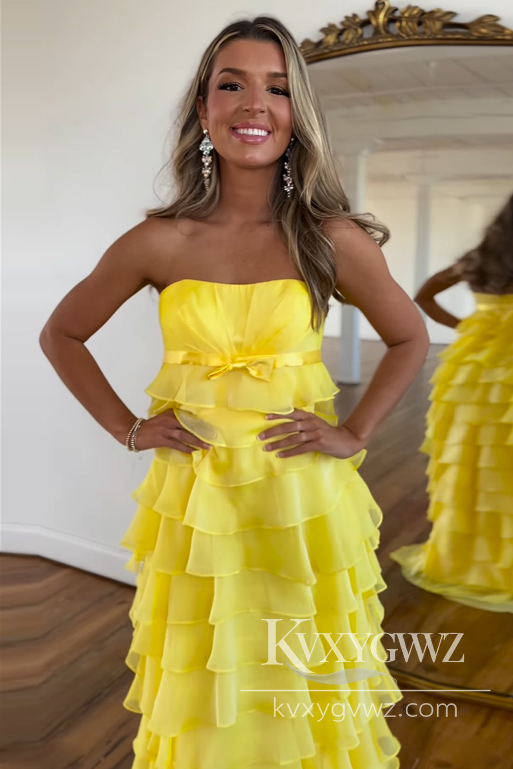 Stunning Sheath Strapless Evening Gown Yellow Tiered Chiffon Long Prom Dress LF871