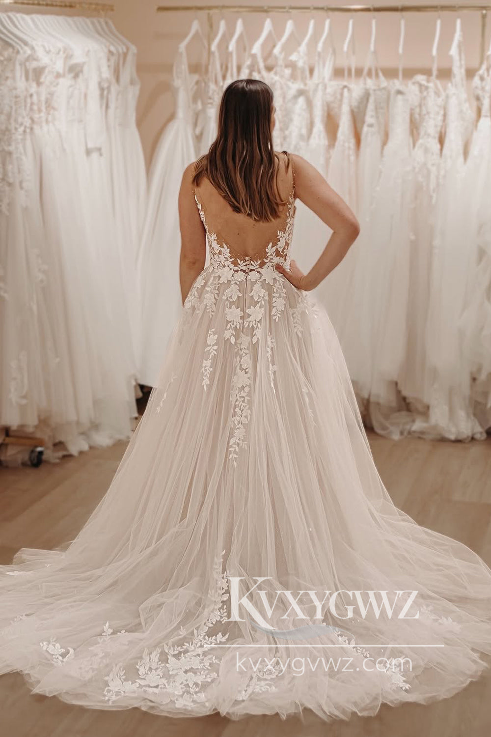Pastoral Style A Line V Neck Tulle Long Wedding Dresses Gown with Appliques HS871