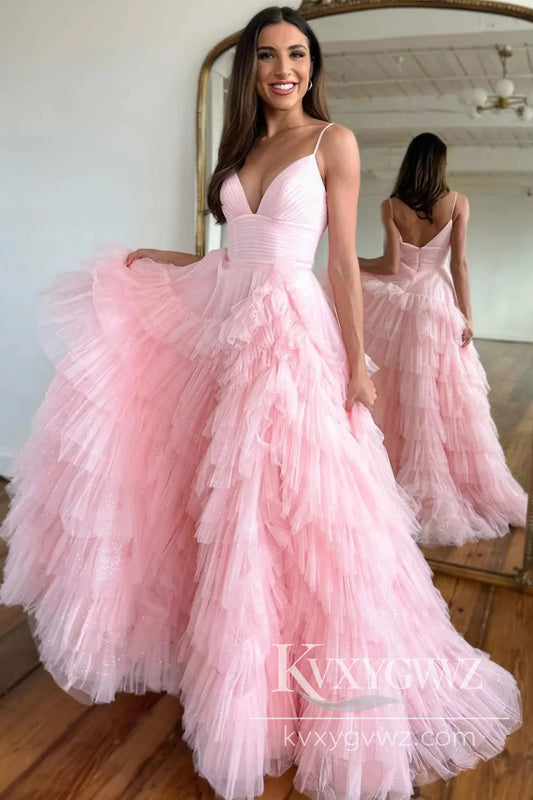 Light Pink Spaghetti Strap Tulle Evening Gown Tiered A-Line V-neck Long Prom Dress LF872