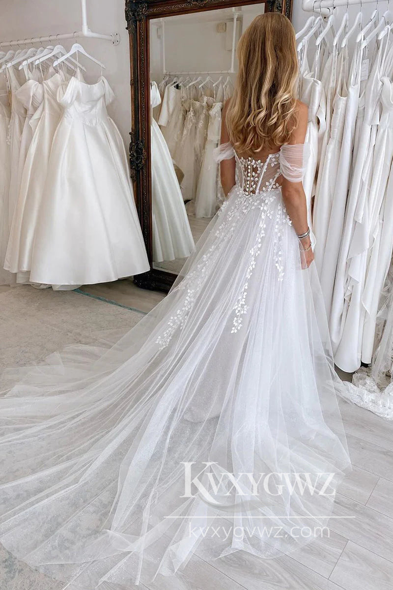 Off the Shoulder White Tulle Wedding Dresses Gown with Appliques HS872