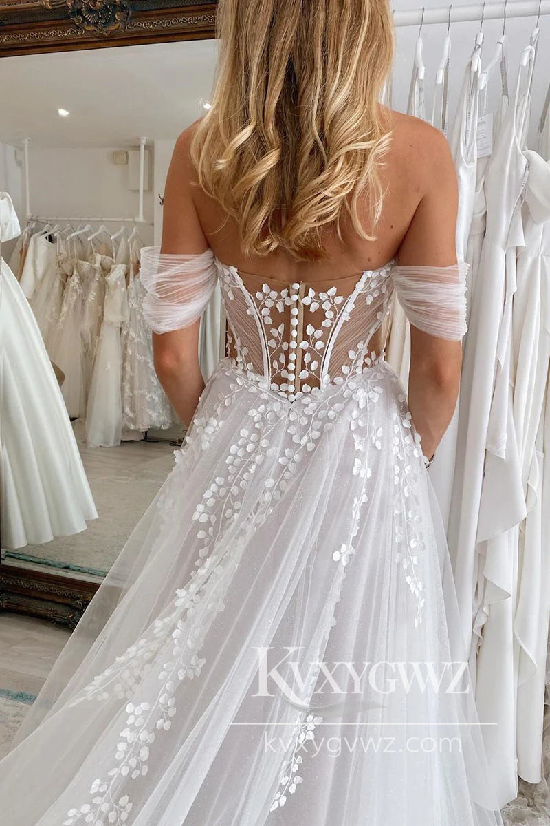 Off the Shoulder White Tulle Wedding Dresses Gown with Appliques HS872