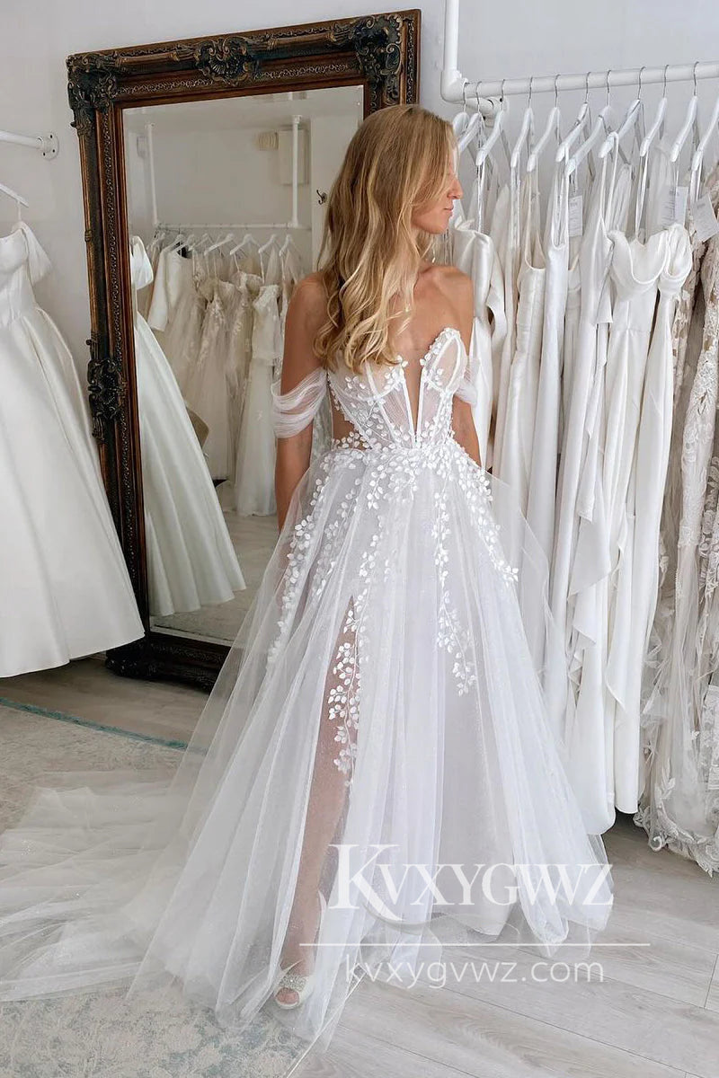 Off the Shoulder White Tulle Wedding Dresses Gown with Appliques HS872