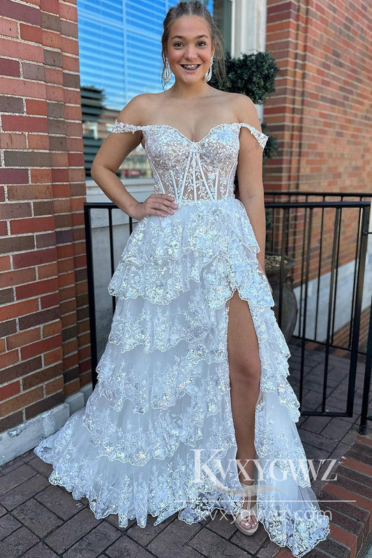 Stunning White Sequin Lace Evening Gown Off the Shoulder Tiered Long Prom Dress with Slit LF873