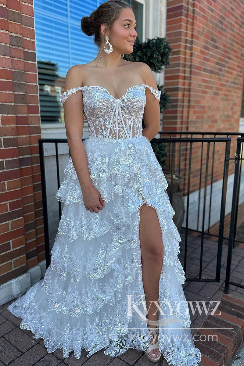 Stunning White Sequin Lace Evening Gown Off the Shoulder Tiered Long Prom Dress with Slit LF873