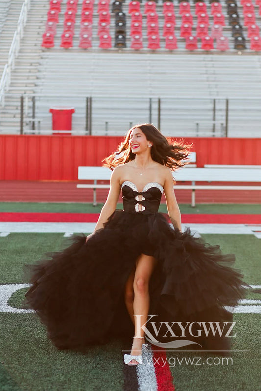 Stunning Sweetheart Evening Gown Black Tulle Tiered Slit Long Prom Dress with Beading LF874