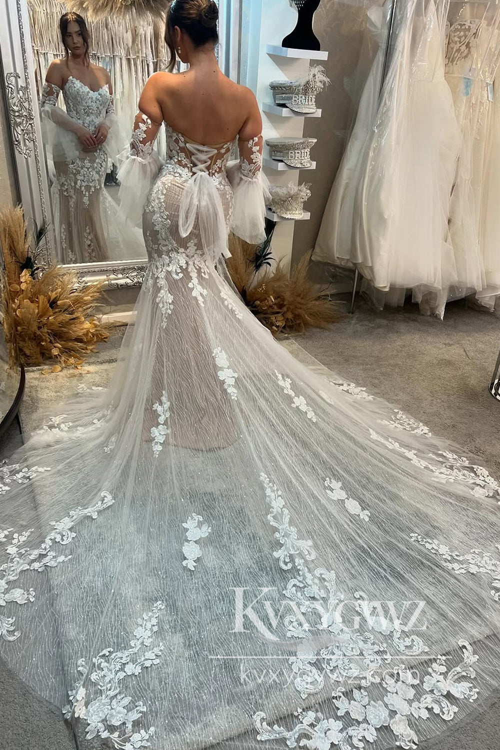 Boho Mermaid V Neck Lace Wedding Dresses Gown with Appliques HS874