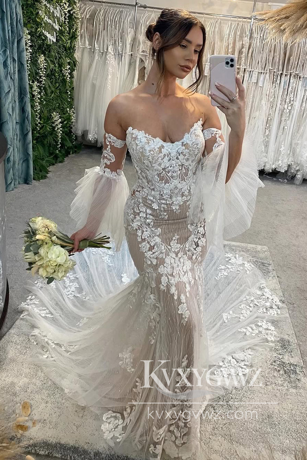 Boho Mermaid V Neck Lace Wedding Dresses Gown with Appliques HS874