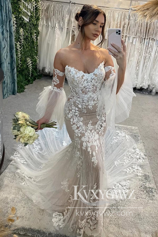 Boho Mermaid V Neck Lace Wedding Dresses Gown with Appliques HS874