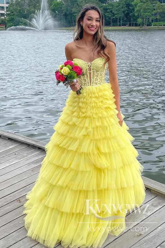 Stunning Yellow Sweetheart Evening Gown Ruffles Tiered Tulle Long Prom Dress LF876