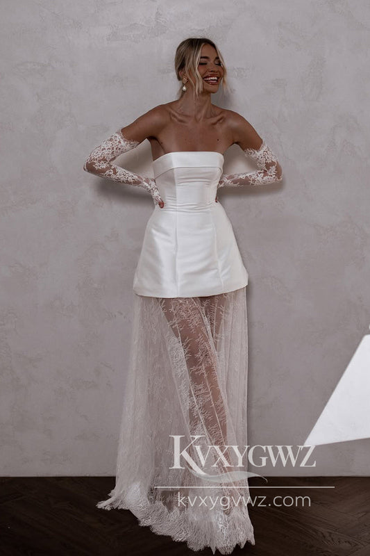 Modern Sheath Strapless Satin Short Wedding Dresses Gown with Lace HS876