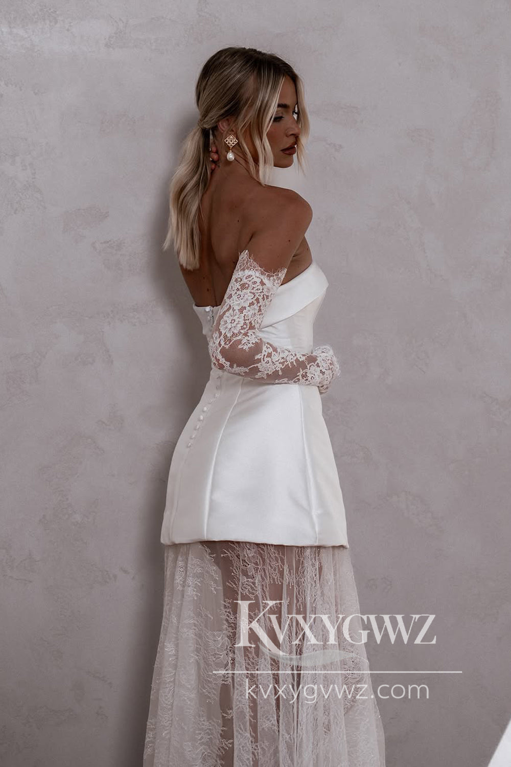 Modern Sheath Strapless Satin Short Wedding Dresses Gown with Lace HS876