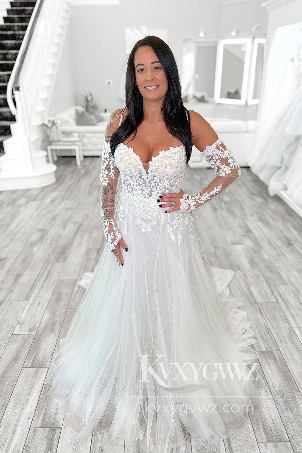 Cute A Line V Neck Tulle Wedding Dresses Gown with Beading Appliques HS877