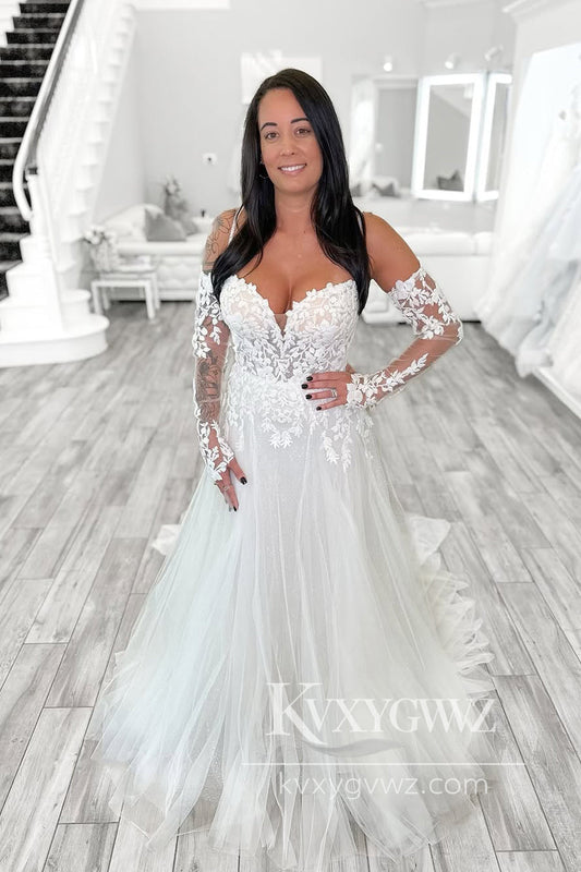 Cute A Line V Neck Tulle Wedding Dresses Gown with Beading Appliques HS877