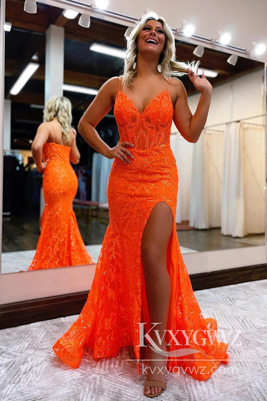 Spaghetti Strap Stunning Mermaid Evening Gown V Neck Hot Pink Mermaid Prom Dress LF877