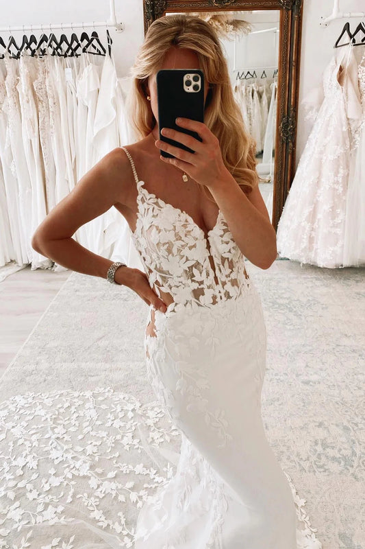 Glamorous Mermaid V Neck Spaghetti Straps White Wedding Dresses Gown HS676