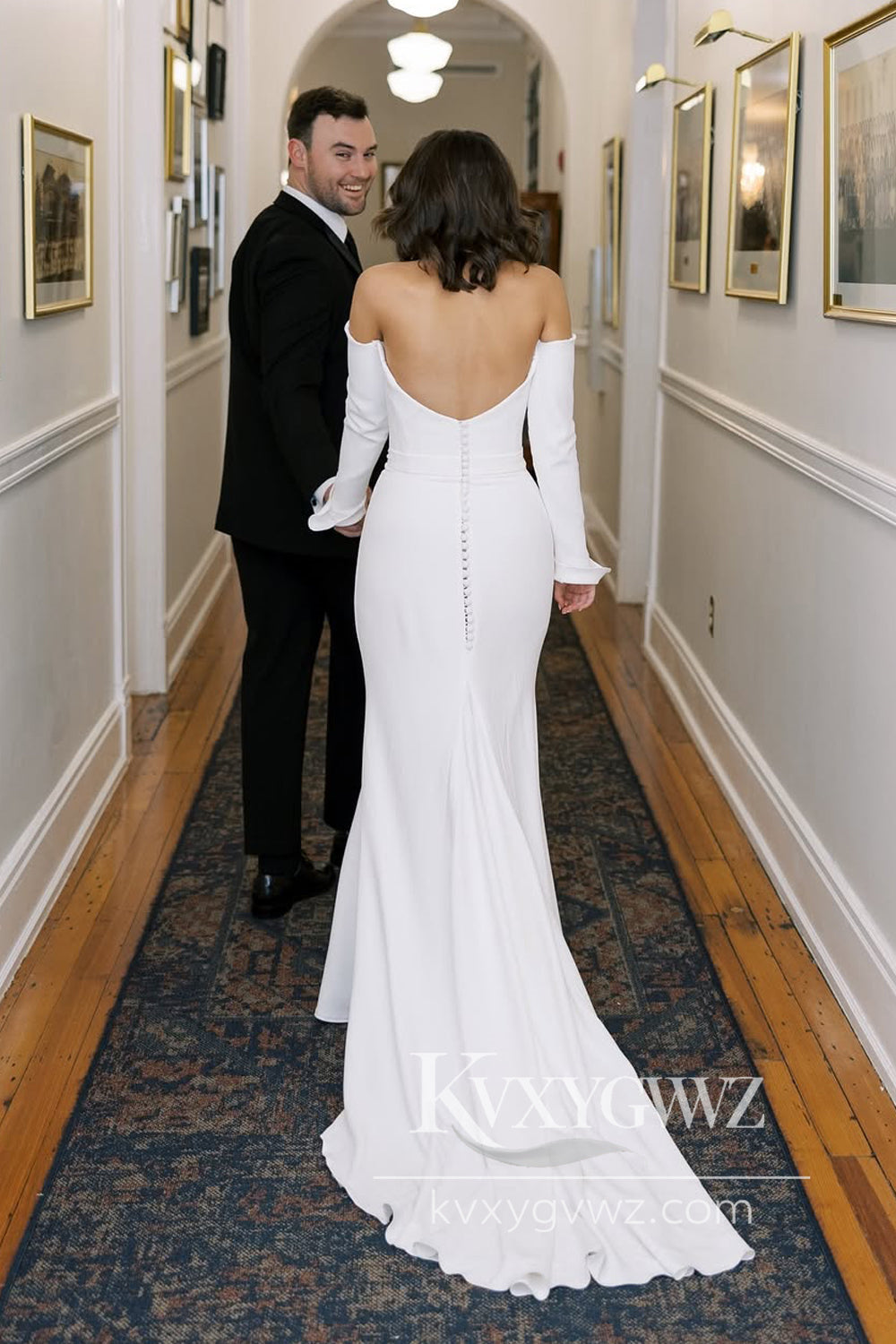 Chic Mermaid Off the Shoulder Elastic Satin Long Wedding Dresses Gown with Long Sleeves HS878