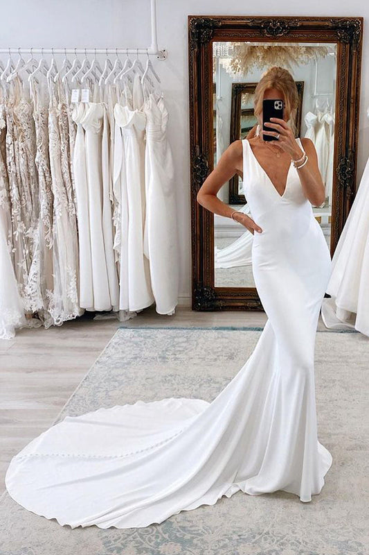 Glamorous Mermaid V Neck Backless White Soft Satin Wedding Dresses Gown HS679