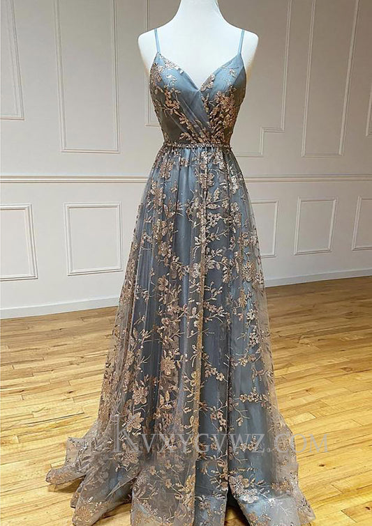 A-line V Neck Sleeveless Sweep Train Tulle Satin Prom Dress With Appliqued Split LF088