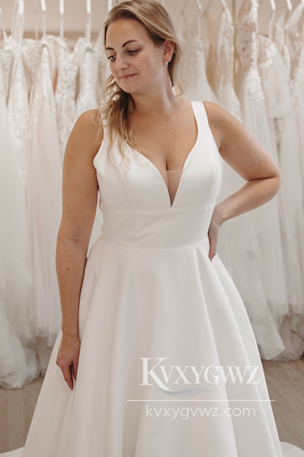 Cute A Line V Neck Satin Long Wedding Dresses Gown with Botton HS881