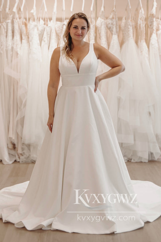 Cute A Line V Neck Satin Long Wedding Dresses Gown with Botton HS881