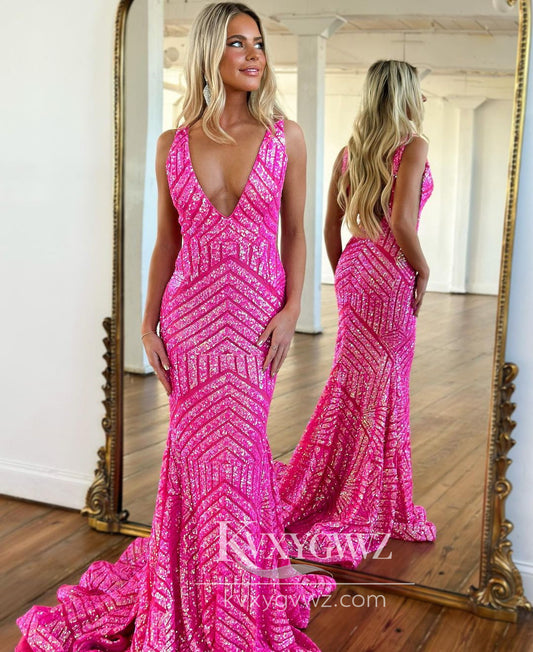 Fashion Mermaid Hot Pink Evening Gown V Neck Conspicuous Sequins Prom Dress LF882