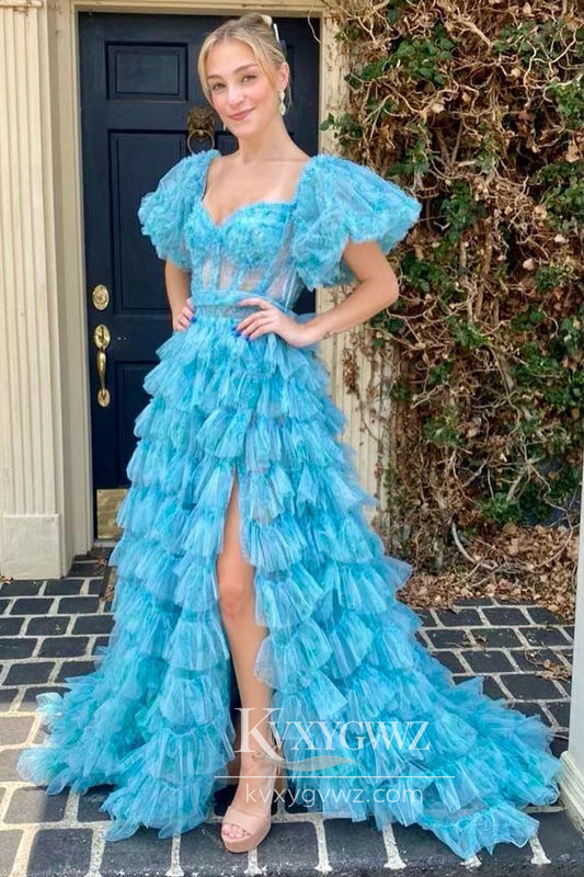 Floral Printed Ruffles Tiered Evening Gown Tulle Puff Sleeves Long Prom Dress LF883