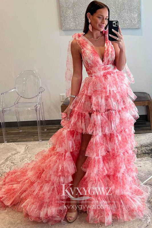 Deep V-Neck Tie Straps Evening Gown Floral Print Layered Long Prom Dress LF884