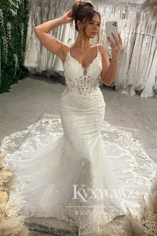 Graceful Mermaid Sweetheart Lace Long Wedding Dresses Gown with Appliques HS884