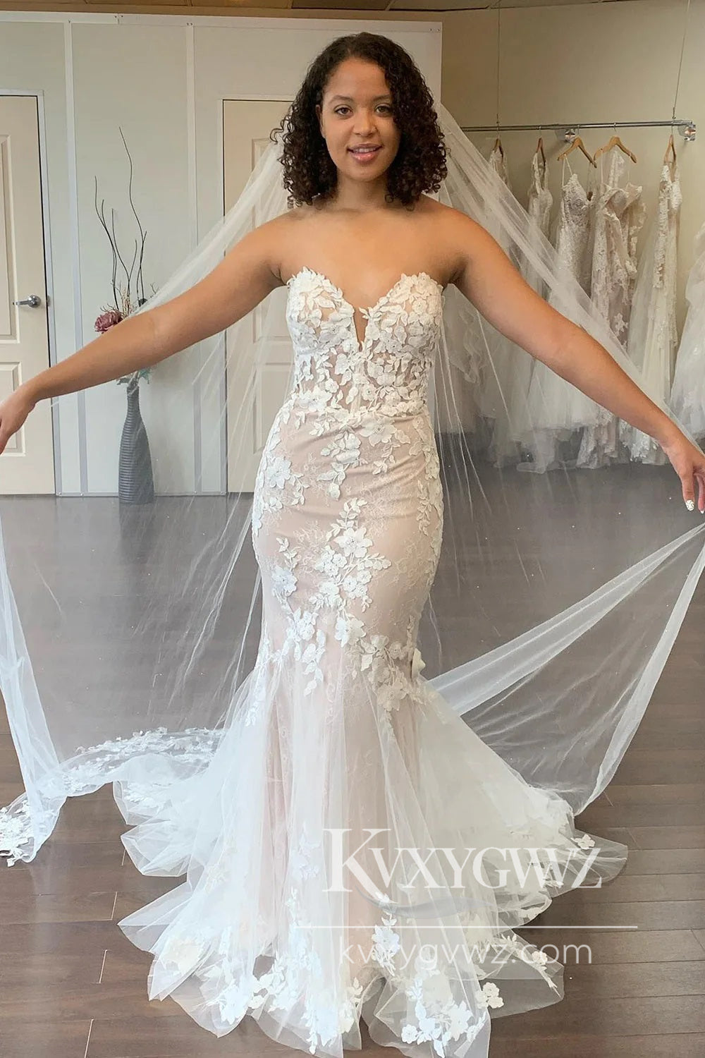 Pastoral Style Mermaid Sweetheart Lace Long Wedding Dresses Gown with Appliques HS886