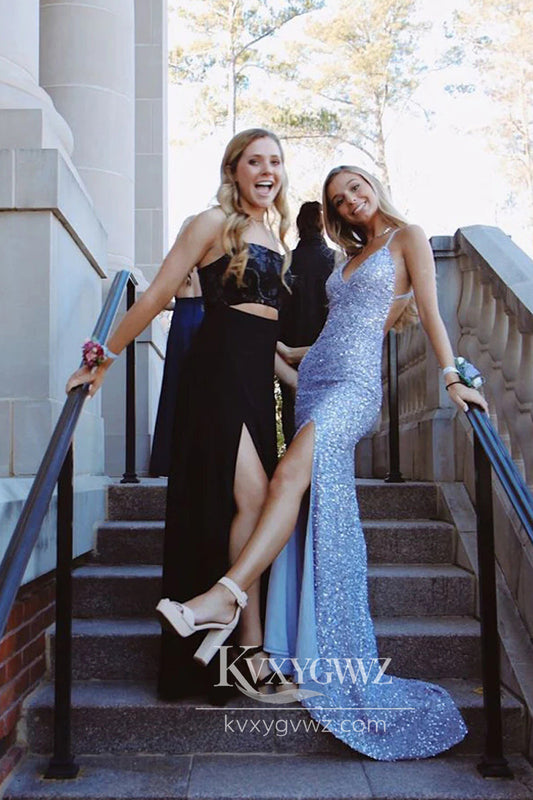 Stunning Mermaid V Neck Lavender Evening Gown Velvet Sequins Prom Dress with Slit LF887