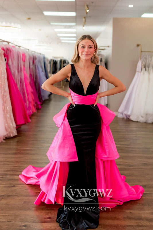 Stunning Mermaid V Neck Evening Gown Black Pink Long Prom Dress Two Piece LF889