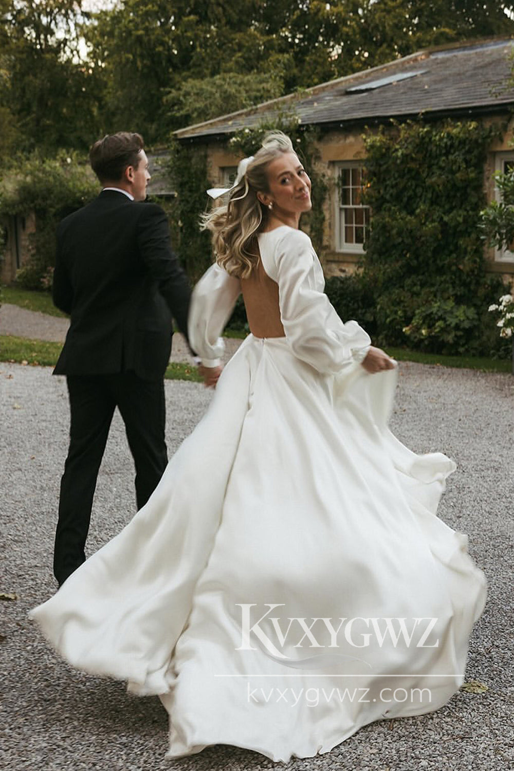 Dazzling A Line V Neck White Satin Wedding Dresses Gown with Ruffled Sleeves HS889