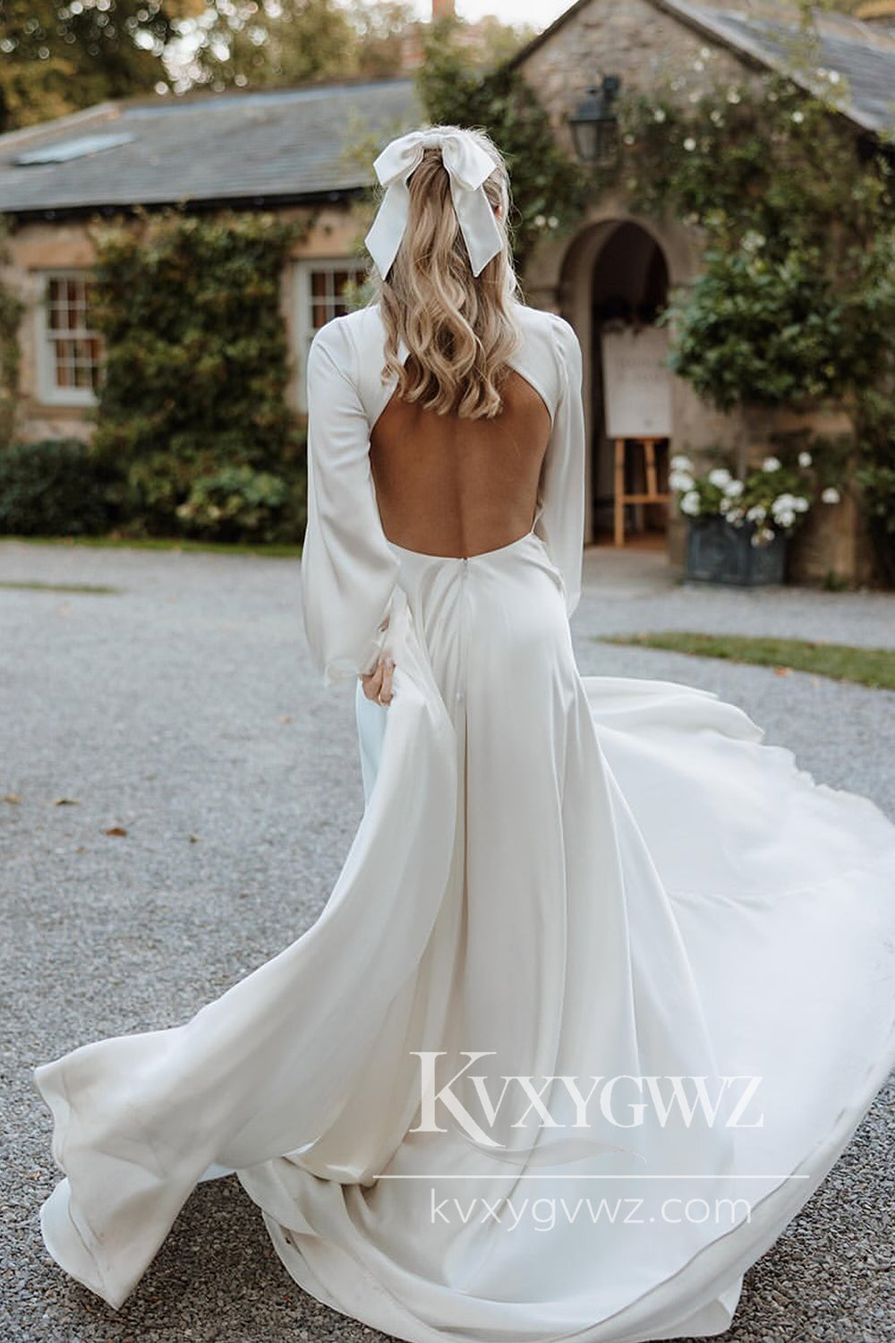 Dazzling A Line V Neck White Satin Wedding Dresses Gown with Ruffled Sleeves HS889