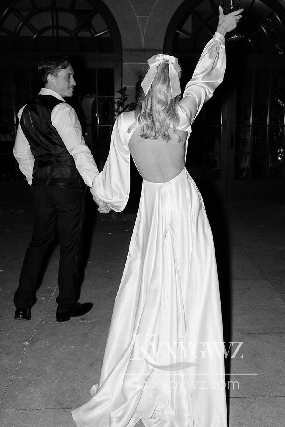 Dazzling A Line V Neck White Satin Wedding Dresses Gown with Ruffled Sleeves HS889
