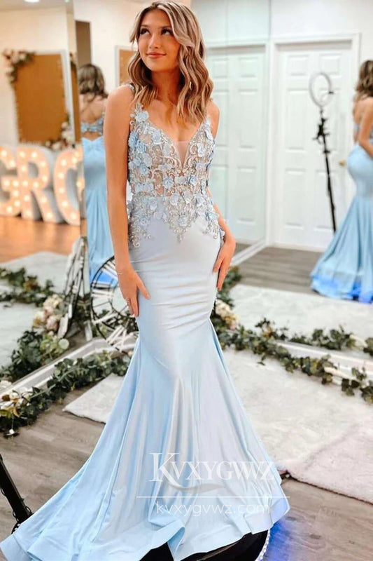 Fairy Mermaid V Neck Light Blue Long Prom Dress Gown with Appliques LF891