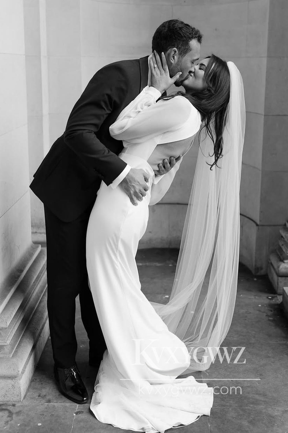 Chic Mermaid V Neck Satin Wedding Dresses Gown with Long Sleeves HS892