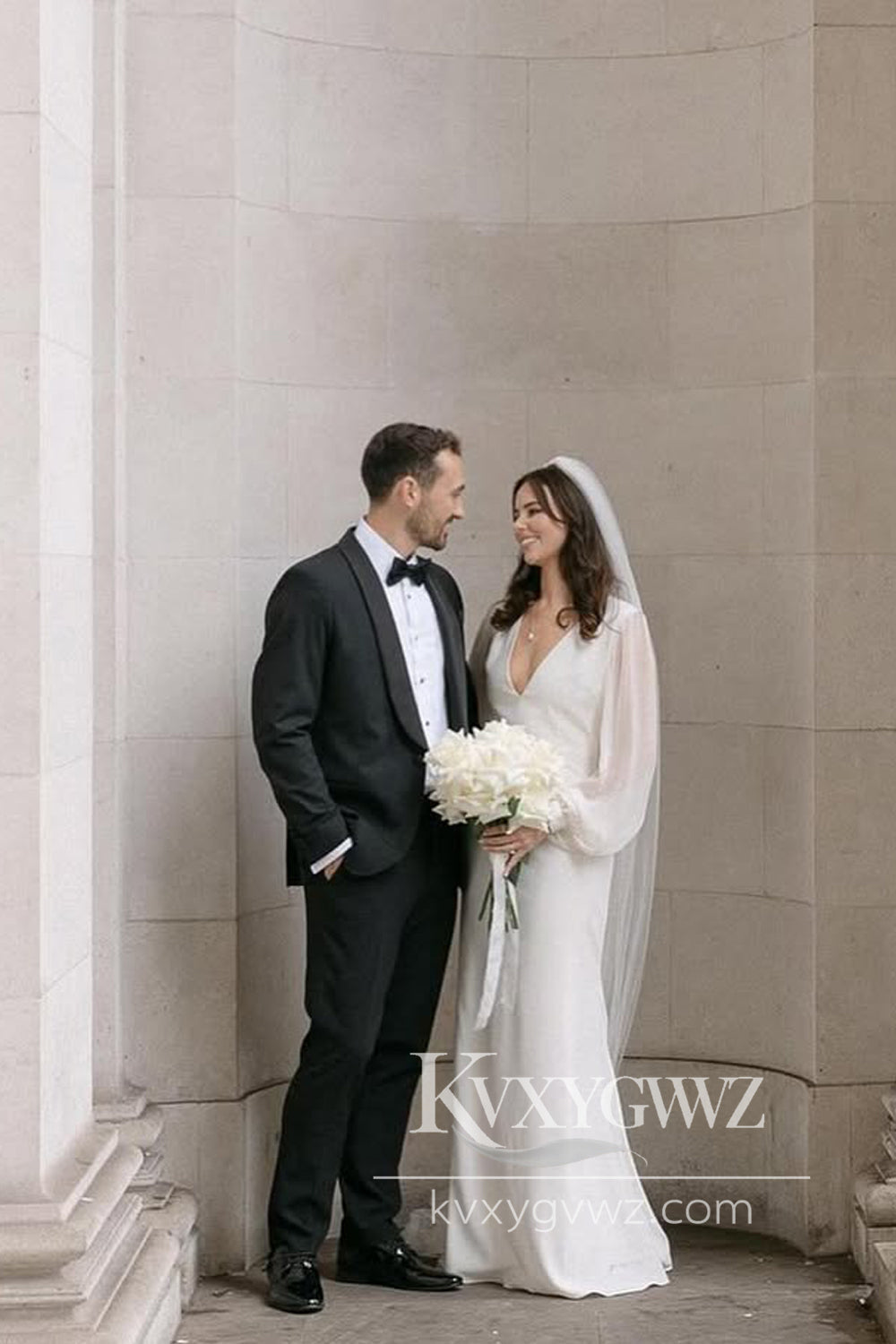 Chic Mermaid V Neck Satin Wedding Dresses Gown with Long Sleeves HS892