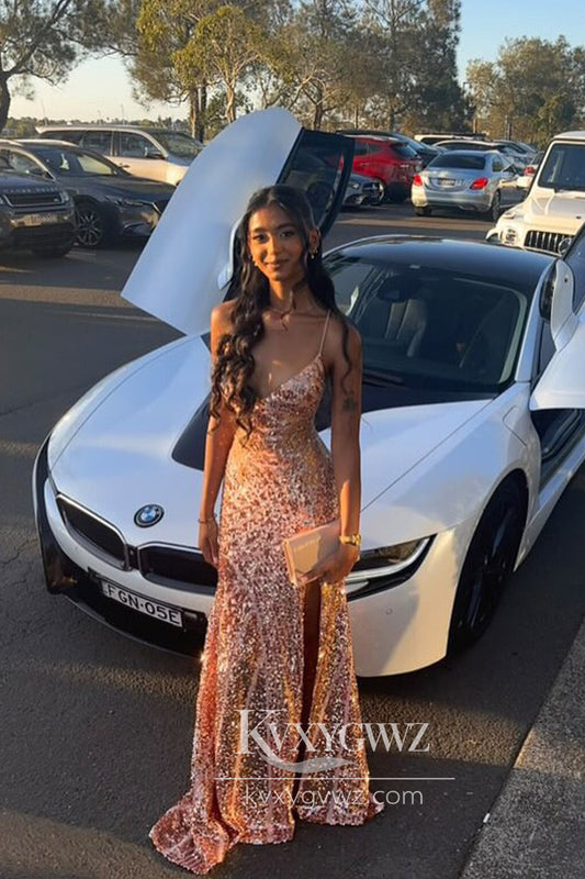 Stunning Conspicuous Mermaid Evening Gown V Neck Blush Gold Sequins Prom Dress with Slit LF893