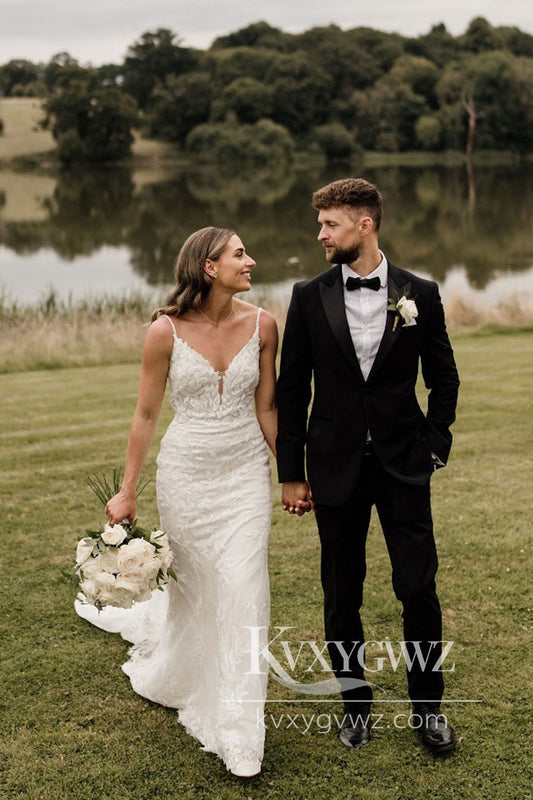 Graceful Mermaid V Neck Lace Beach Wedding Dresses Gown with Appliques HS893