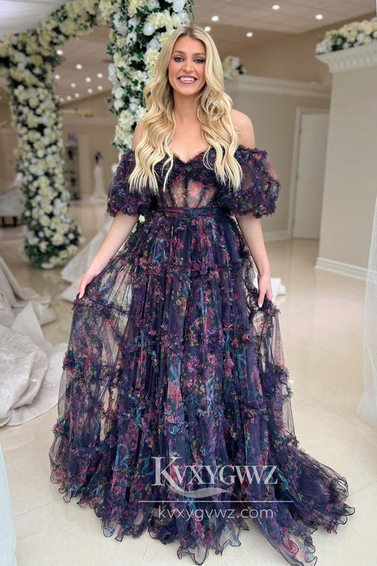 Floral Printed Ruffles Sweetheart Evening Gown Off the Shoulder Long Prom Dress LF895