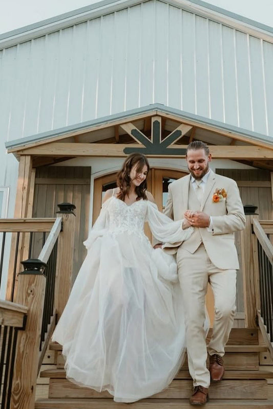 Pastoral Style A-Line Off the Shoulder Tulle Wedding Dresses Gown HS843