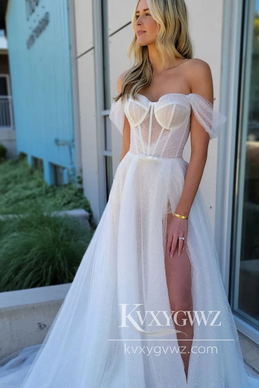 Pastoral Style A Line Off the Shoulder Conspicuous Tulle Wedding Dresses Gown with Slit HS896