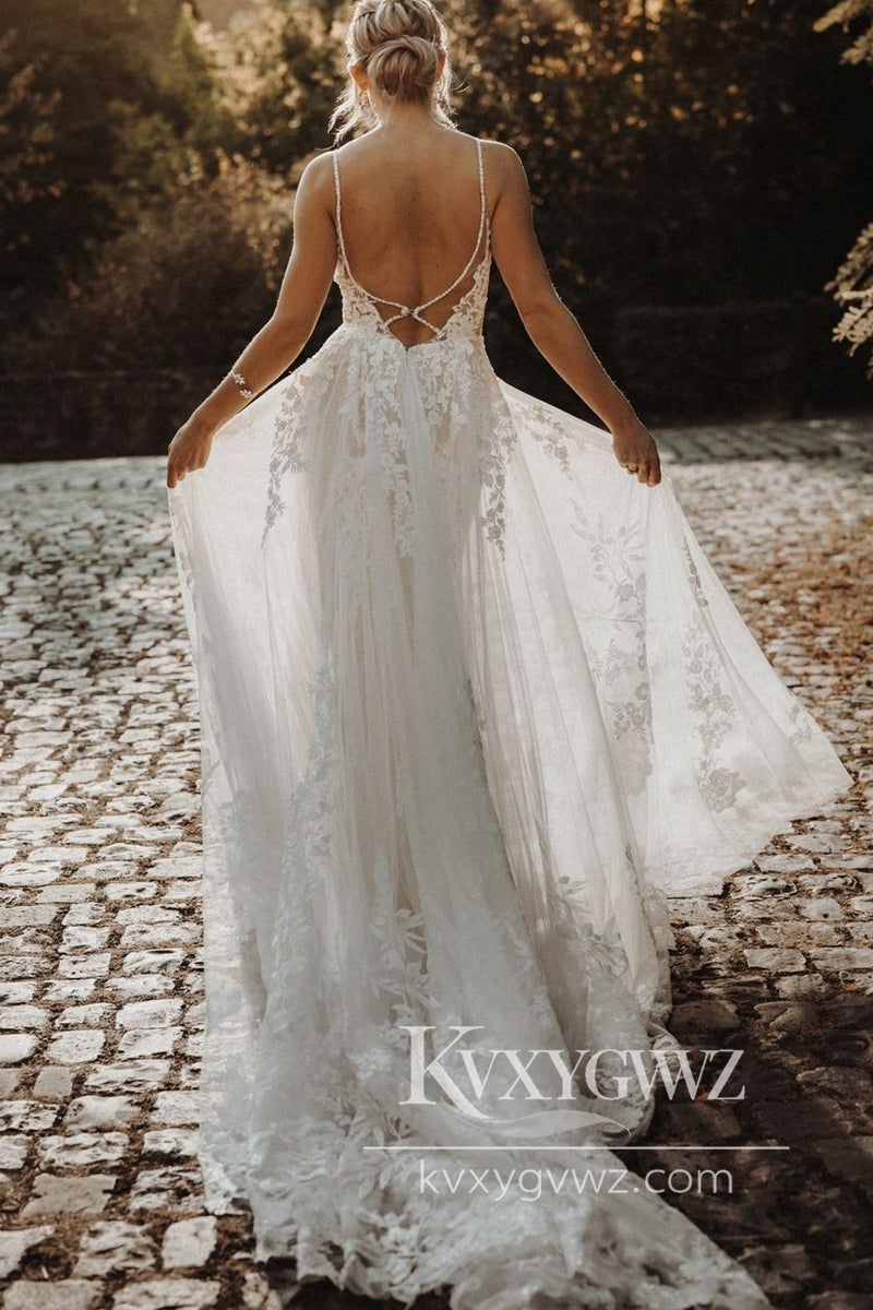 Pastoral Style A Line V Neck Tulle Wedding Dresses Gown with Appliques HS897