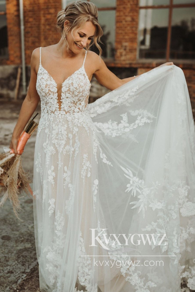 Pastoral Style A Line V Neck Tulle Wedding Dresses Gown with Appliques HS897