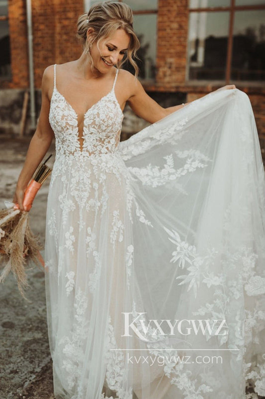 Pastoral Style A Line V Neck Tulle Wedding Dresses Gown with Appliques HS897
